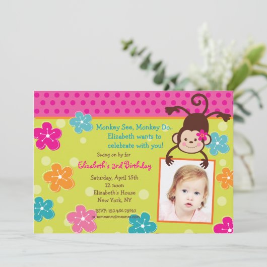 フラ猿のルアウ（ハワイ式宴会）の写真のバースデーパーティ招待状 招待状 (スタンド正面)