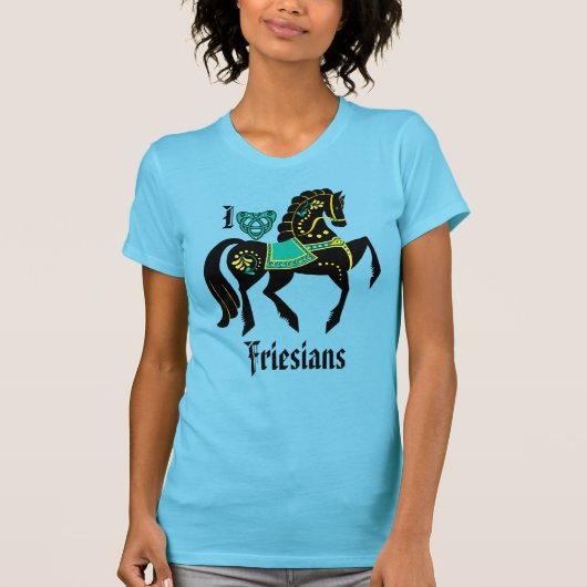 フリジアンブラックスタリオン/ブロック美しい、金ゴールド/ターコイズ Tシャツ (正面)