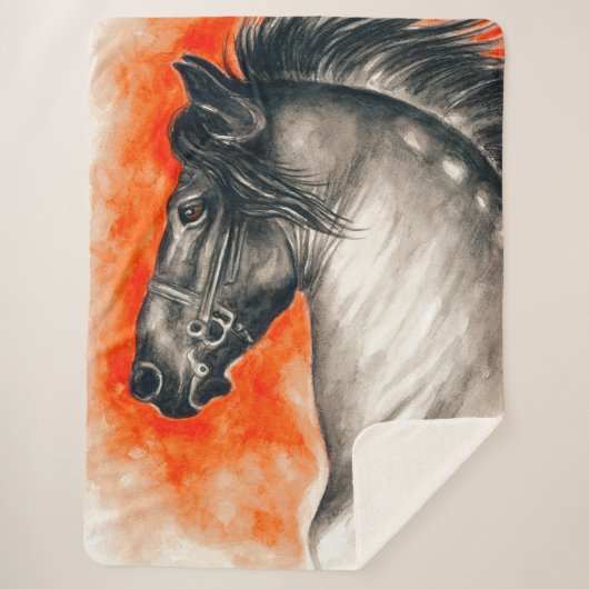 フリジアン美しいブラックホースウォーターカラーアート シェルパブランケット (正面)