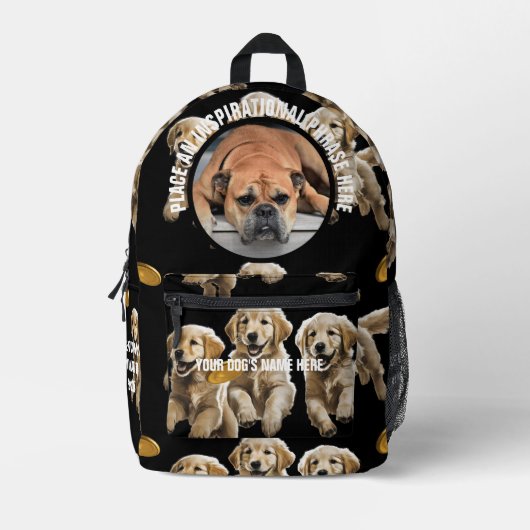 フリスビーを連れた丸い写真と文字犬 プリントバックパック (正面)