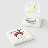 フリダカホポートレートと可愛いミウメキシコ猫 ストーンコースター (横)