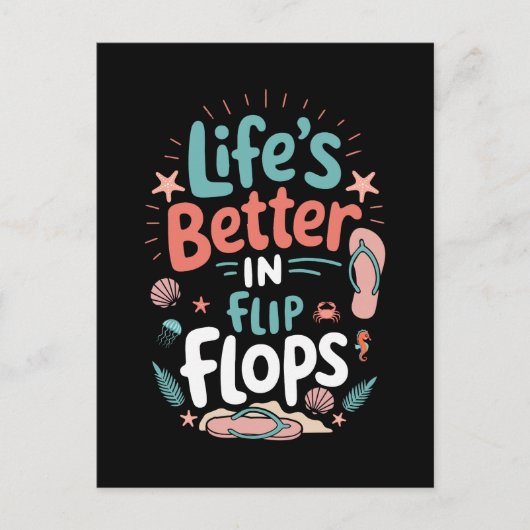 フリップフロップで生活が良い – おもしろい熱帯ビーチ シーズンポストカード (正面)