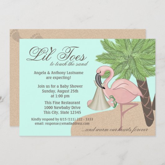 フリップフロップとフラミンゴ赤ちゃんシャワー 招待状 (正面/裏面)