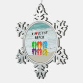 フリップフロップビーチラブ，カラフルデザイン, スノーフレークピューターオーナメント (右)