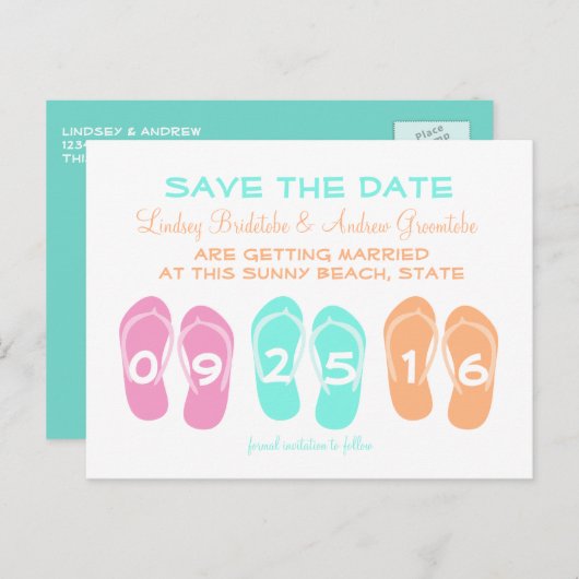 フリップフロップビーチ結婚式日付の保存 案内ポストカード (正面/裏面)