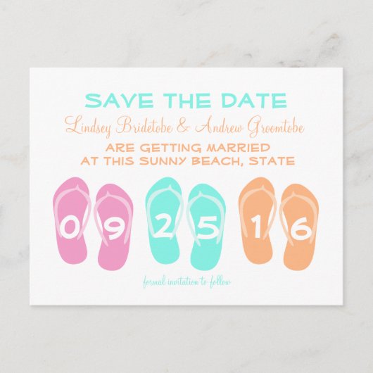 フリップフロップビーチ結婚式日付の保存 案内ポストカード (正面)