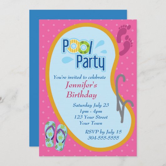 フリップフロッププールパーティー誕生日 招待状 (正面/裏面)