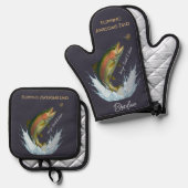 フリッ素晴らしピングパパフライ釣り子供の名前 鍋つかみ&鍋敷きセット (正面/裏面)