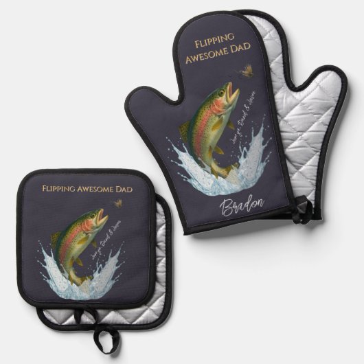 フリッ素晴らしピングパパフライ釣り子供の名前 鍋つかみ&鍋敷きセット (正面/裏面)