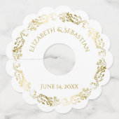 フリルが付いた金ゴールドの線条細工のエレガントでシンプルでシックな結婚式 ワイングラスタグ (正面)