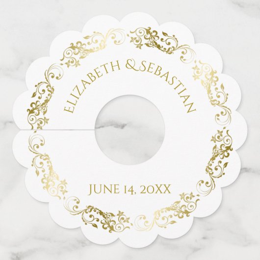 フリルが付いた金ゴールドの線条細工のエレガントでシンプルでシックな結婚式 ワイングラスタグ (裏面)