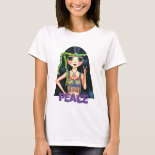フリンジドベスト&ヘッドバンドを持つピースヒッピーガール Tシャツ