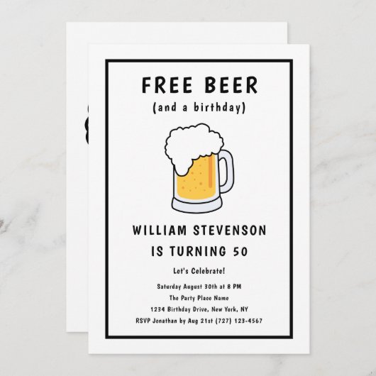 フリーおもしろいビールジョークシンプルマン50誕生日 招待状 (正面/裏面)