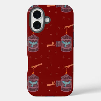 フリーな鳥の鳥かご | フォークアートの手と青い鳥 iPhone 16ケース