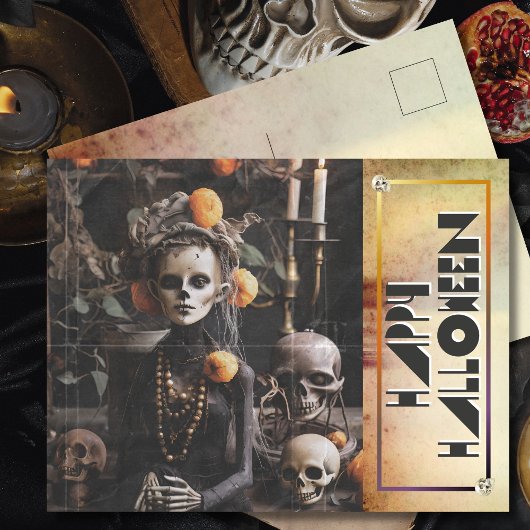 フリーキーヴィンテージハロウィーンスケルトンズミッドナイトビイル シーズンポストカード