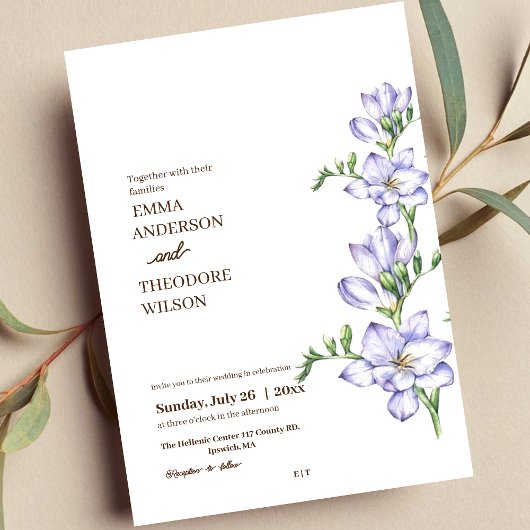 フリーシアミニマルモダンリスト美しいフローラ結婚ズ 招待状