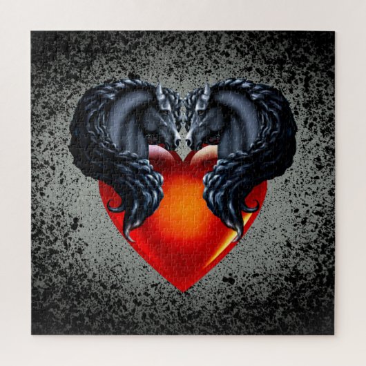 フリージアン馬/ブラックフリージアンスタリオン/ハート/シルバー ジグソーパズル (縦)