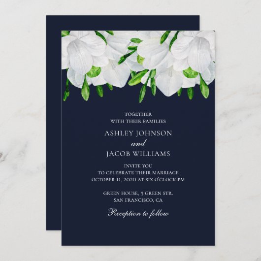 フリージア。白い花ネイビーガーデン結婚フローラ 招待状 (正面/裏面)