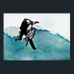 フリースタイルBMX自転車スタント ポスター<br><div class="desc">急なランプジャンプに乗った後、空中で大胆な自転車のトリック。鮮やかな青の色とクールおもしろい芸術的色彩の鮮やかスタイル。名前やビジネスを追加して、極端なbmx愛好家、スポーツショップの所有者などにパーソナライズする。</div>