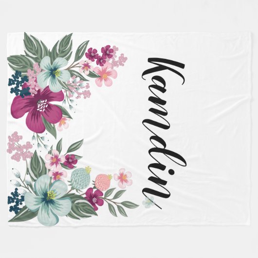 フリースパーソナライズされたスロー熱帯花を白に フリースブランケット (正面(横))
