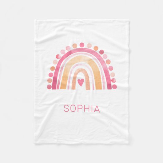 フリースブランケットレインボー、ピンクボホ水彩色 フリースブランケット (正面)