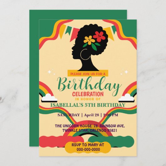 フリーダムアフロ黒人歴史月誕生日会 招待状 (正面/裏面)