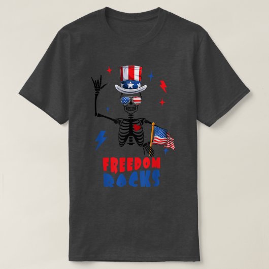フリーダム・ロックス、スケルトンの4th of July、レトロ4th of  Tシャツ (デザイン正面)