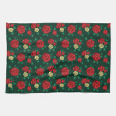 フリーダ・カーロ赤い|および金ゴールドのばら色パターン キッチンタオル (横)
