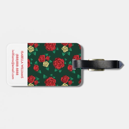 フリーダ・カーロ赤い|および金ゴールドのばら色パターン ラゲッジタグ (裏面横)