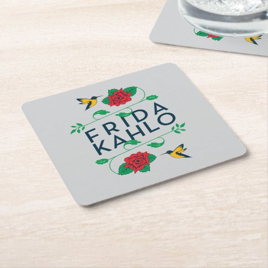 フリーダ・カーロ|の花柄のタイポグラフィ スクエアペーパーコースター (アングル)