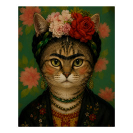 フリーダ カーロ 花柄 猫 ポートレート アートプリント ポスター