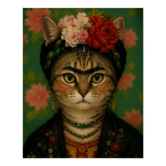 フリーダ カーロ 花柄 猫 ポートレート アートプリント ポスター
