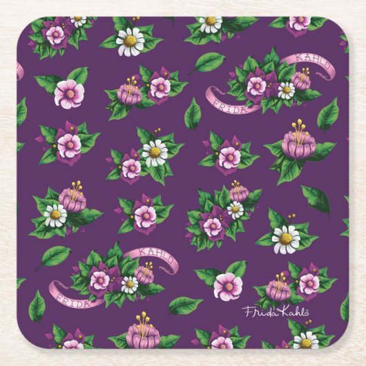 フリーダ・カーロ| Purlpeの花花束パターン スクエアペーパーコースター (正面)