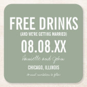 フリードリンおもしろいクのセージ・グリーン・セーブ・ザ・デート スクエアペーパーコースター (正面)