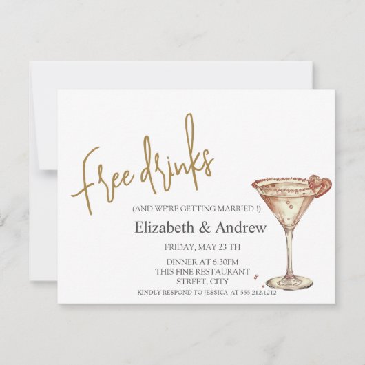 フリードリンク, おしゃれなハート形のシャンパングラス 招待状 (正面)