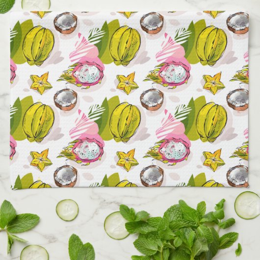 フリーハンドの織り目加工のフルーツパターン キッチンタオル (折り畳み)