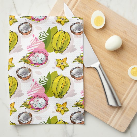 フリーハンドの織り目加工のフルーツパターン キッチンタオル (四つ折り)