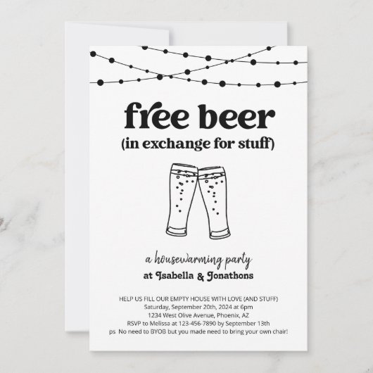 フリービールおもしろい引っ越し祝いパーティーパーティの招待状 招待状 (正面)
