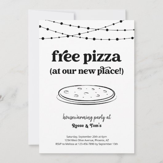 フリーピザおもしろい引っ越し祝いパーティーパーティの招待状 招待状 (正面)