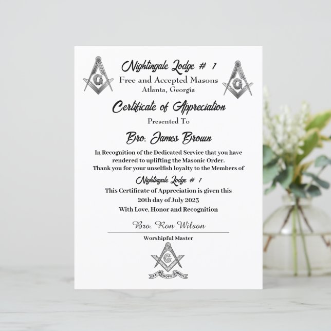 フリーメイソン 感謝証明書 (スタンド正面)