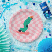 フリーライドスノーボーダーグリーンスーツ市松模様にピンク ペーパープレート (パーティー)