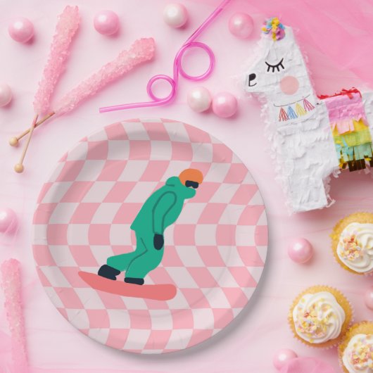 フリーライドスノーボーダーグリーンスーツ市松模様にピンク ペーパープレート (パーティー)