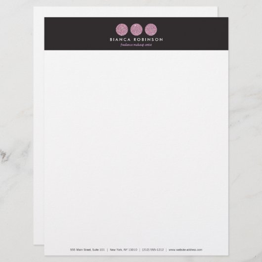 フリーランスのメイクアップアーティストのためのピンクのグリッターパレット レターヘッド (正面/裏面)