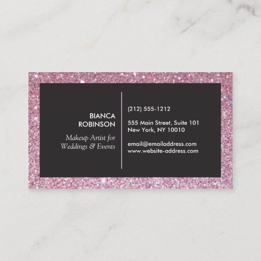 フリーランスのメイクアップアーティストのためのピンクのグリッターパレット 名刺 (裏面)