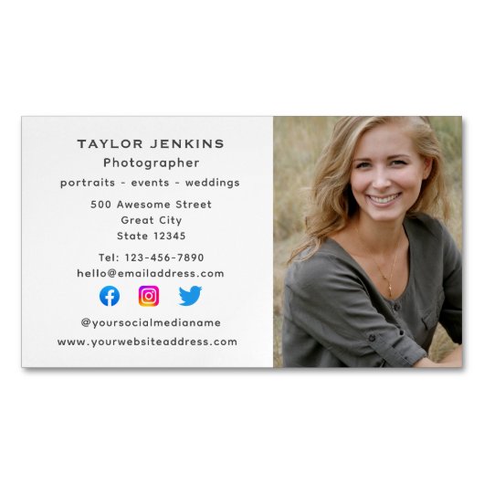 フリーランスの写真家ソーシャルメディアのヘッドショット写真 マグネット名刺 (正面)