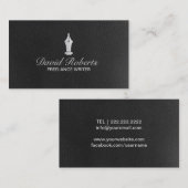 フリーランス・ライターの銀のペンのペン先の黒の革 名刺 (正面/裏面)