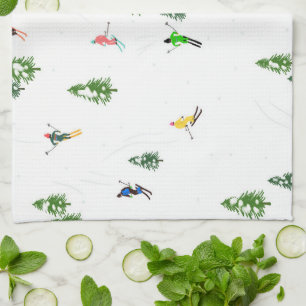 フリーリドアルパインスキーヤーズスキーイラストレーションパーティー キッチンタオル