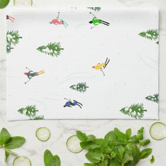 フリーリドアルパインスキーヤーズスキーイラストレーションパーティー キッチンタオル (折り畳み)