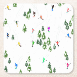 フリーリドアルパインスキーヤーズスキーイラストレーションパーティー スクエアペーパーコースター