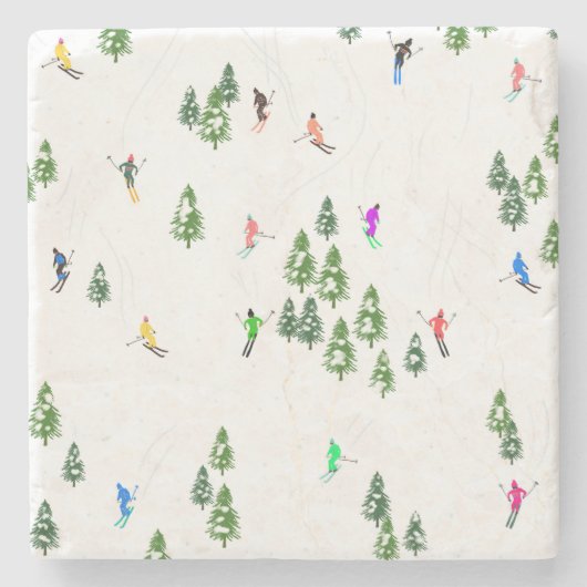 フリーリドアルパインスキーヤーズスキーイラストレーションパーティー ストーンコースター (正面)